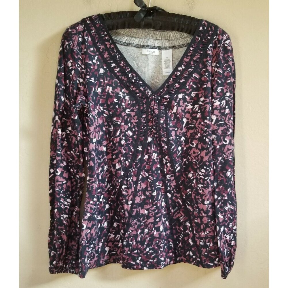 Liz & Co Women Small Petite Printed Smocked V-Neck Long Sleeve Top Blouse Casual